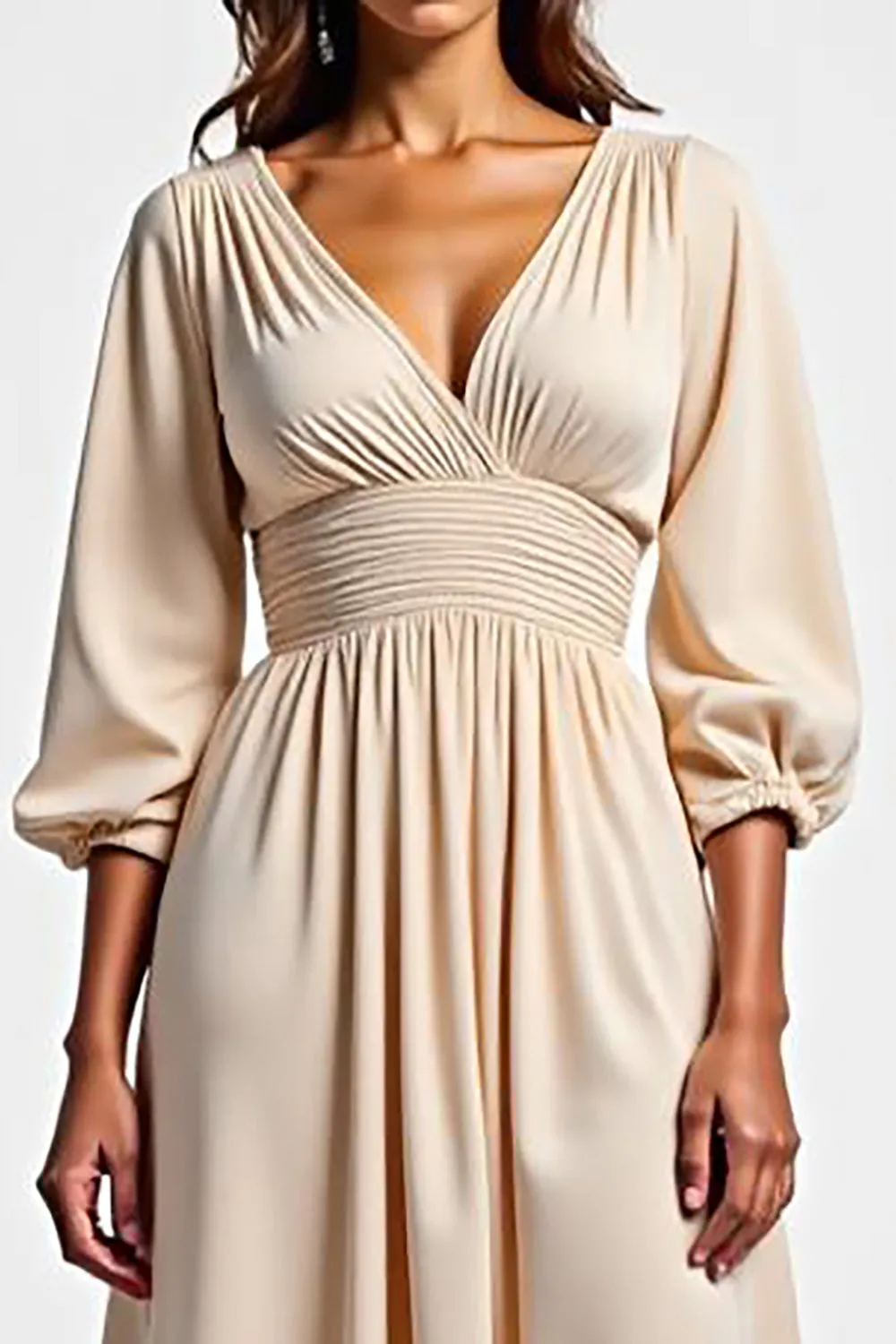 Champagne V Neck Long Sleeve Satin Mother Of The Bride Dress sold by Zapaka product image thumbnail 3