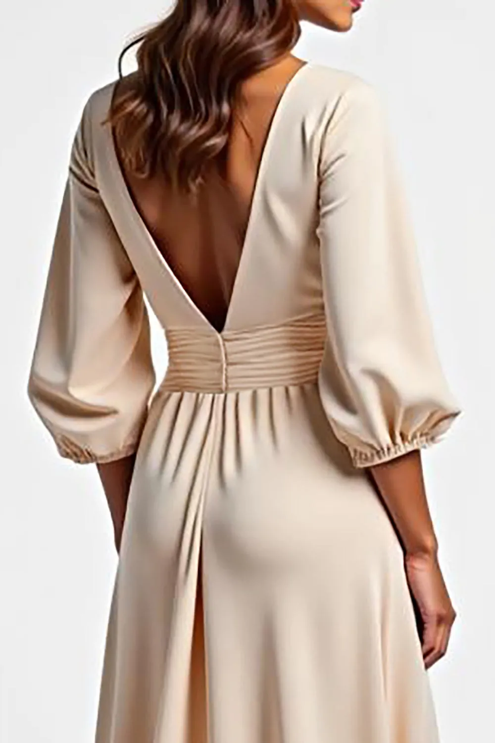 Champagne V Neck Long Sleeve Satin Mother Of The Bride Dress sold by Zapaka product image thumbnail 4