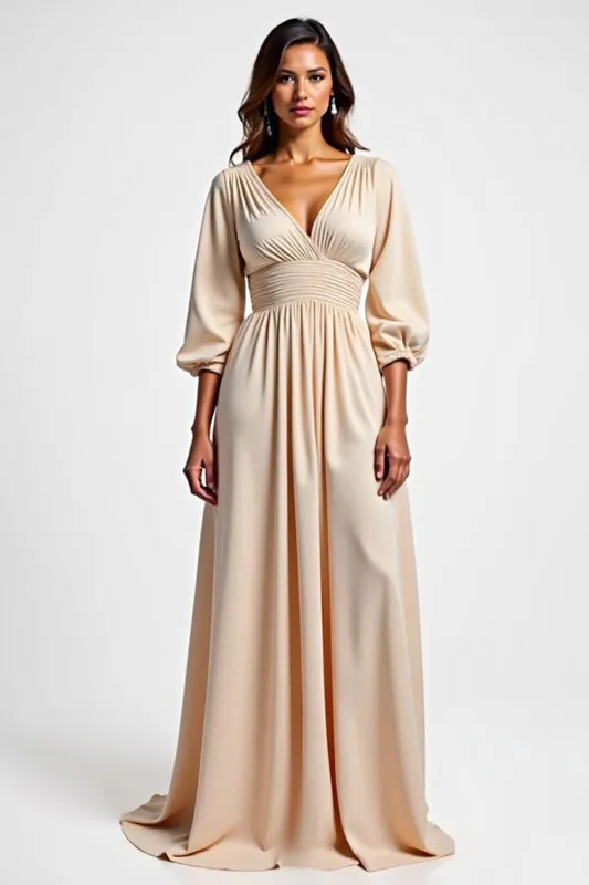 Champagne V Neck Long Sleeve Satin Mother Of The Bride Dress sold by Zapaka