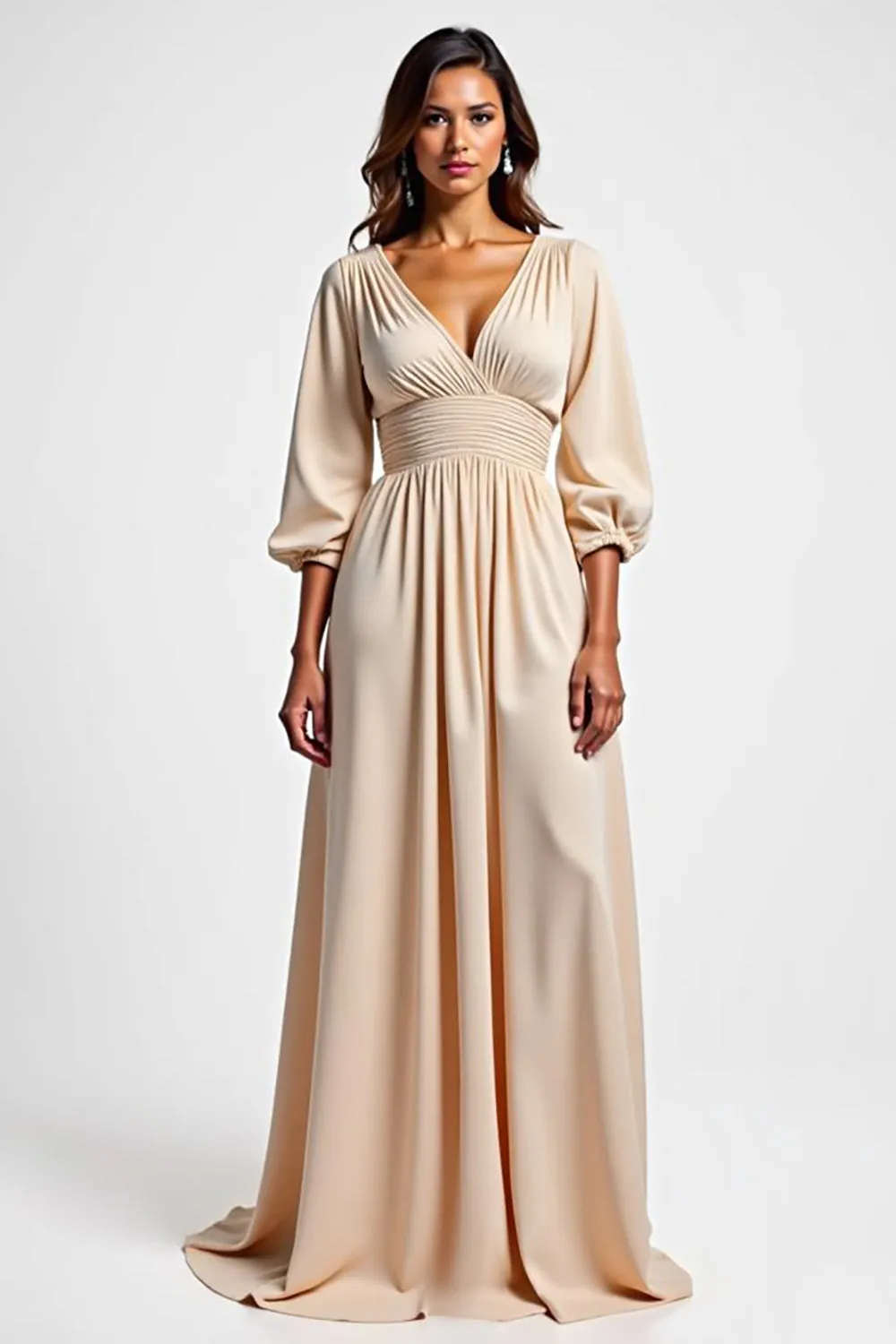 Champagne V Neck Long Sleeve Satin Mother Of The Bride Dress sold by Zapaka