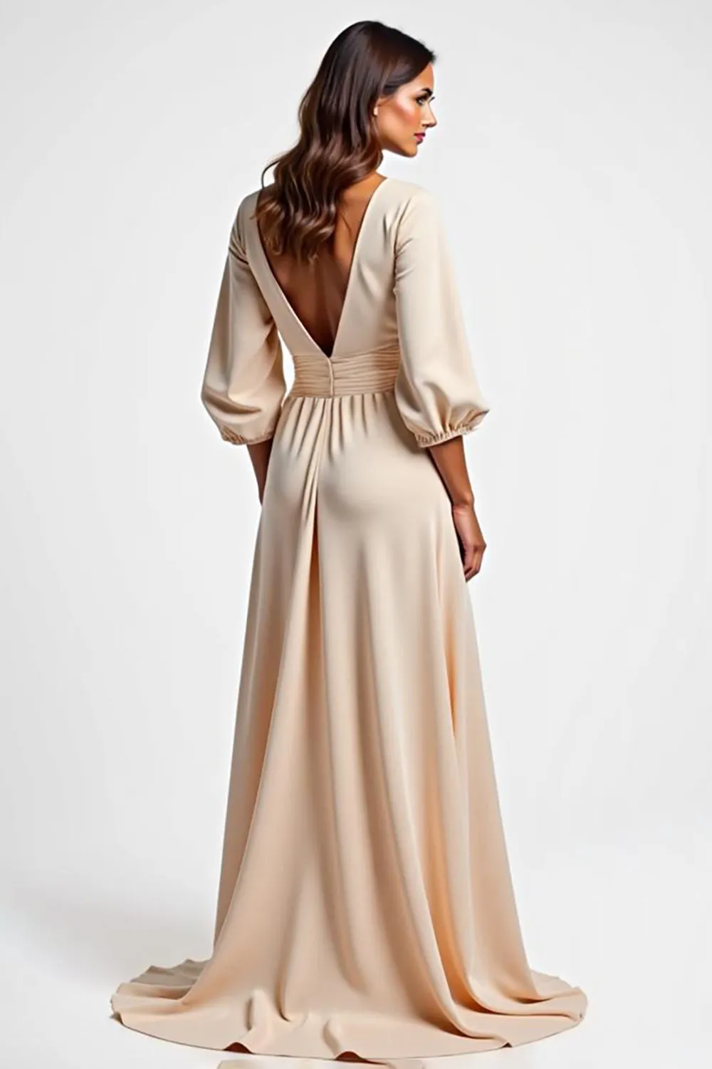 Champagne V Neck Long Sleeve Satin Mother Of The Bride Dress sold by Zapaka product image thumbnail 2