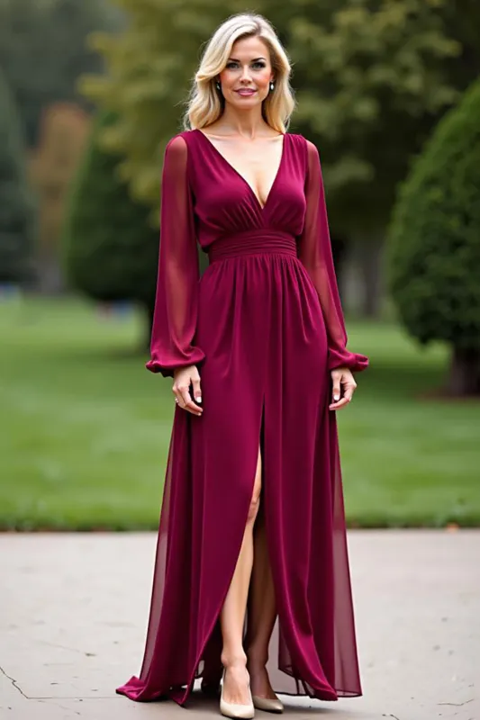Burgundy V Neck Long Sleeve Chiffon Mother Of The Bride Dress sold by Zapaka