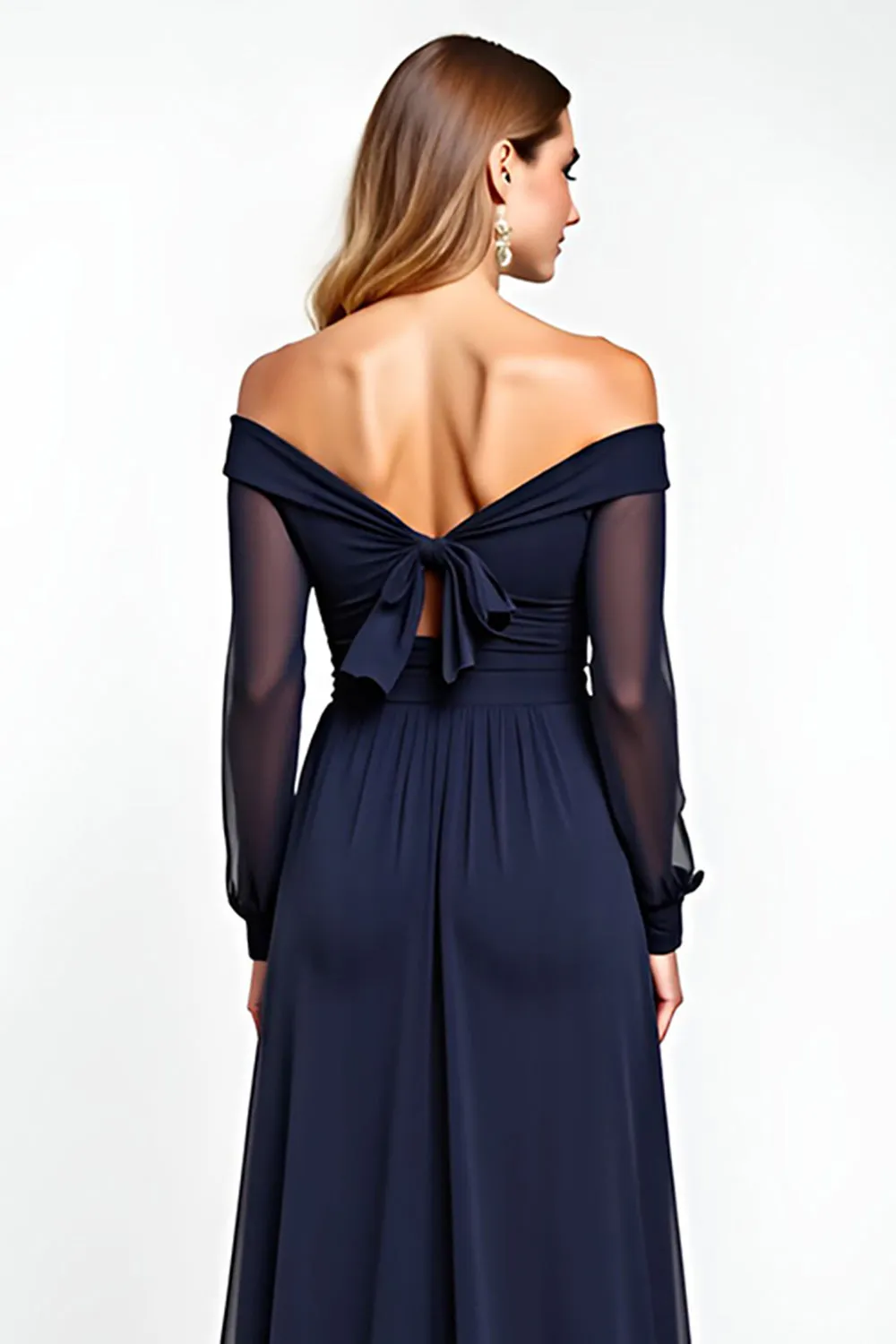 Navy Sheath Off the Shoulder Chiffon Long Mother of the Bride Dress with Bow sold by Zapaka product image thumbnail 5