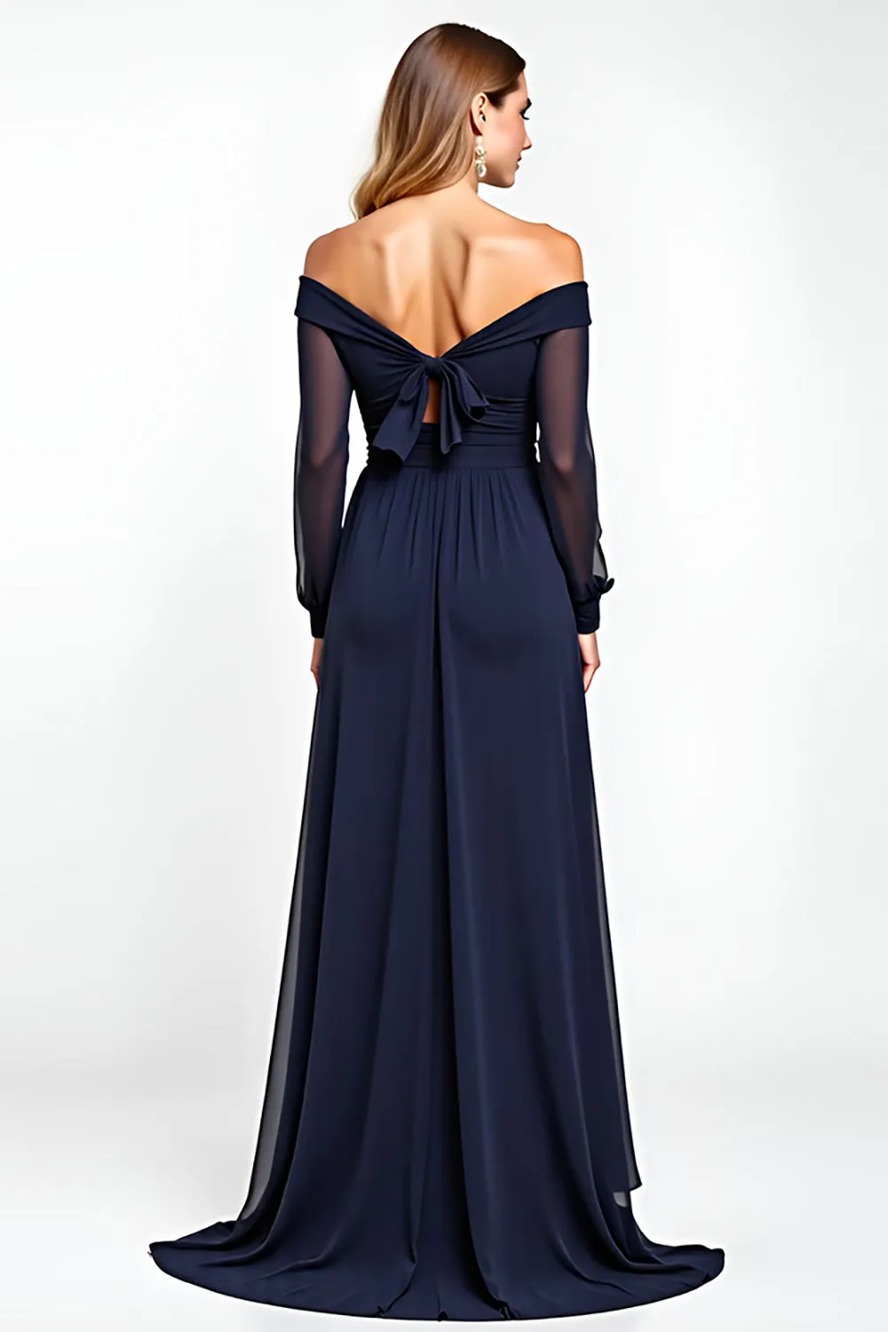 Navy Sheath Off the Shoulder Chiffon Long Mother of the Bride Dress with Bow sold by Zapaka product image thumbnail 2