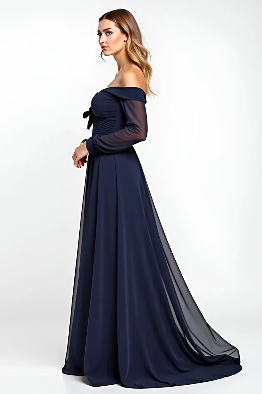 Navy Sheath Off the Shoulder Chiffon Long Mother of the Bride Dress with Bow sold by Zapaka product image thumbnail 3