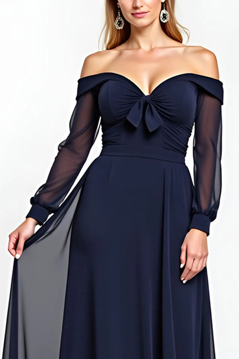 Navy Sheath Off the Shoulder Chiffon Long Mother of the Bride Dress with Bow sold by Zapaka product image thumbnail 4