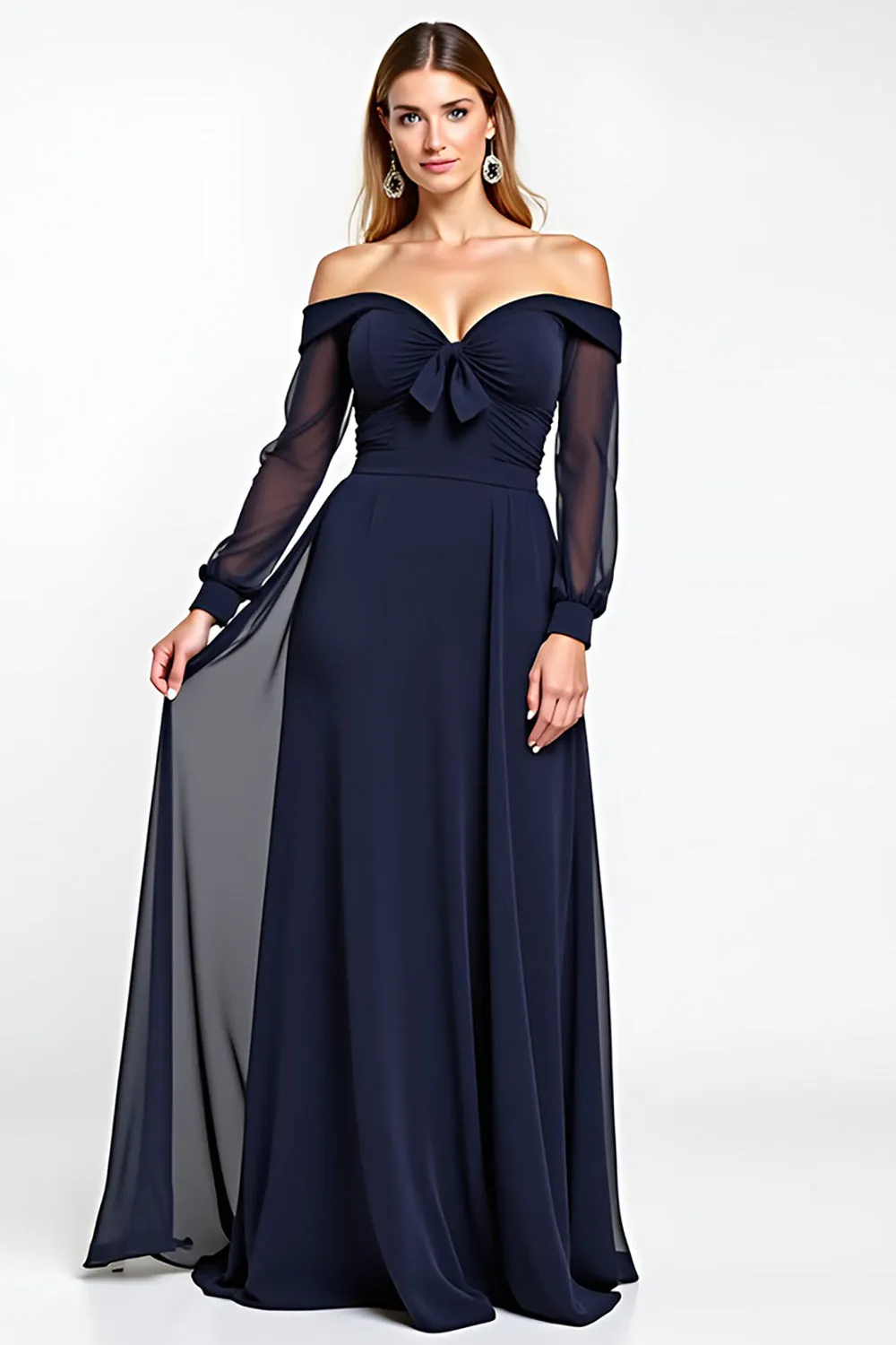 Navy Sheath Off the Shoulder Chiffon Long Mother of the Bride Dress with Bow sold by Zapaka