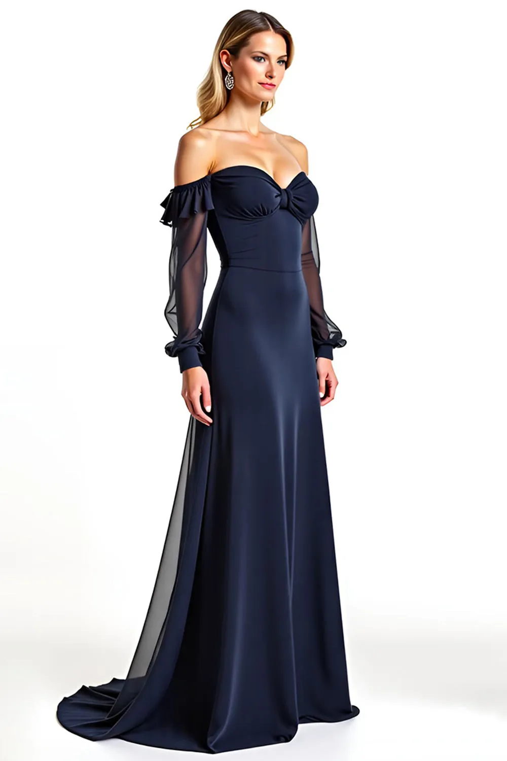 Navy Sheath Ruffle Off the Shoulder Chiffon Mother of the Bride Dress with Long Sleeves sold by Zapaka