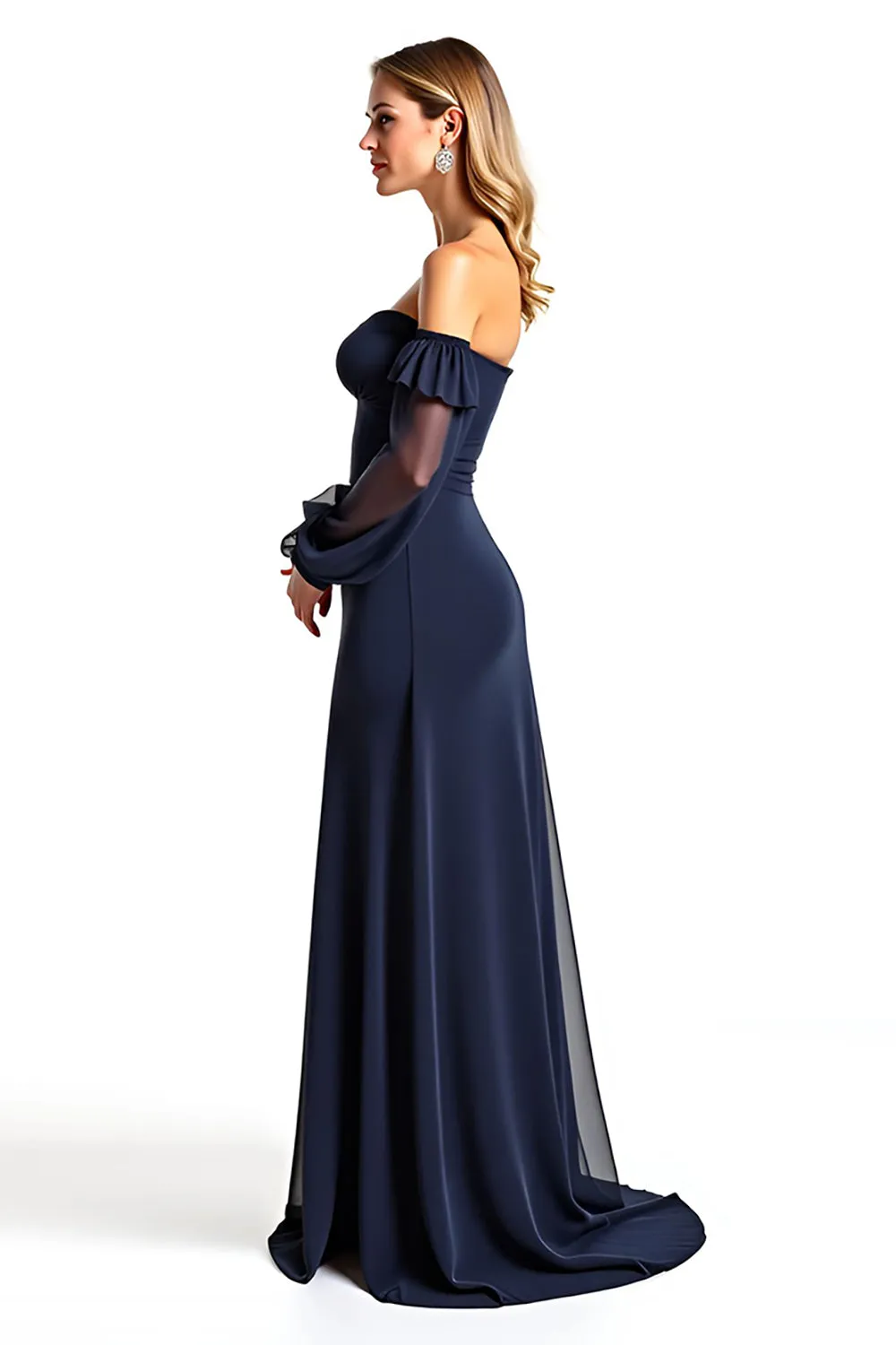 Navy Sheath Ruffle Off the Shoulder Chiffon Mother of the Bride Dress with Long Sleeves sold by Zapaka product image thumbnail 5