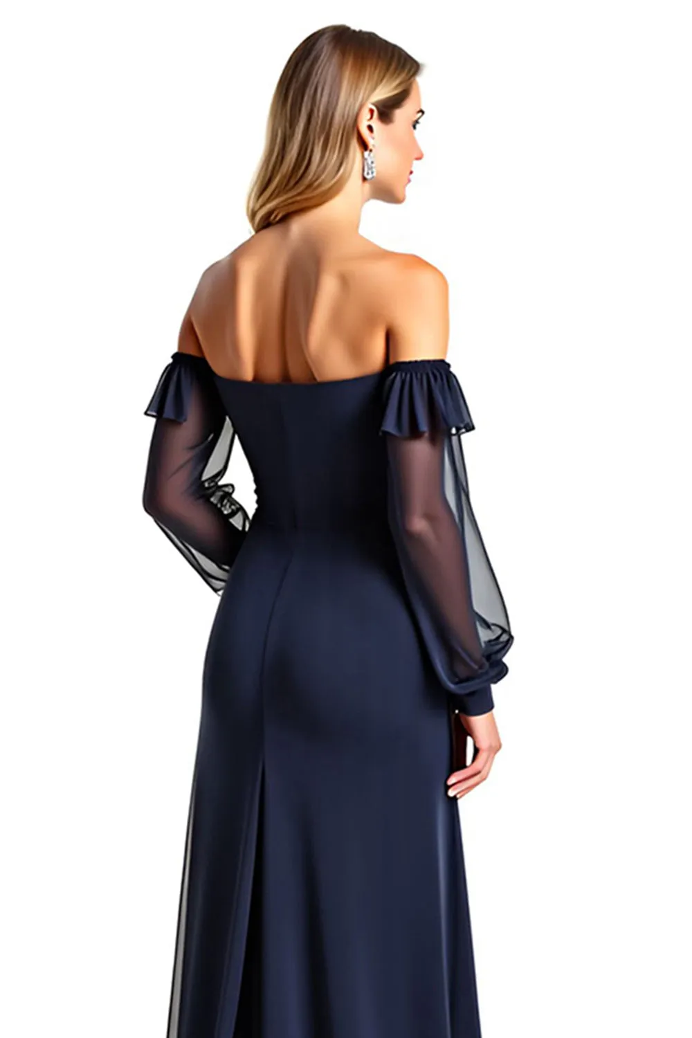 Navy Sheath Ruffle Off the Shoulder Chiffon Mother of the Bride Dress with Long Sleeves sold by Zapaka product image thumbnail 2