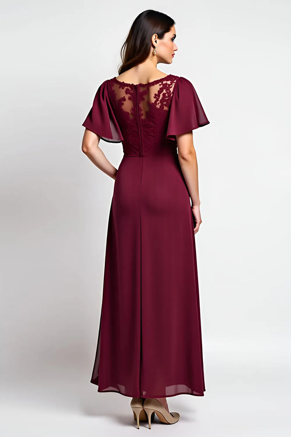 Burgundy Sheath Ruffle Sleeves Laced Chiffon Long Mother of the Bride Dress with Slit sold by Zapaka product image thumbnail 3