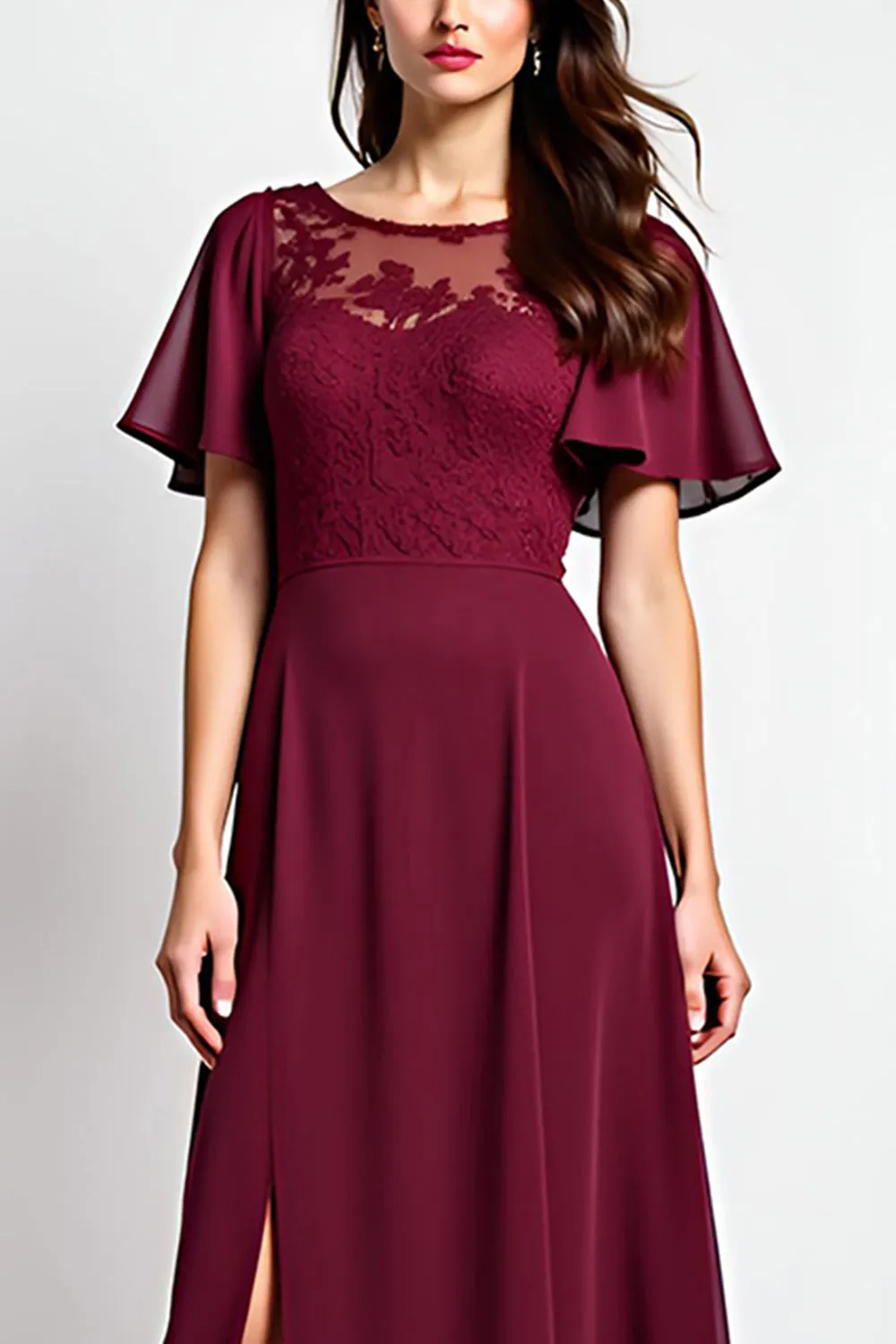 Burgundy Sheath Ruffle Sleeves Laced Chiffon Long Mother of the Bride Dress with Slit sold by Zapaka product image thumbnail 4