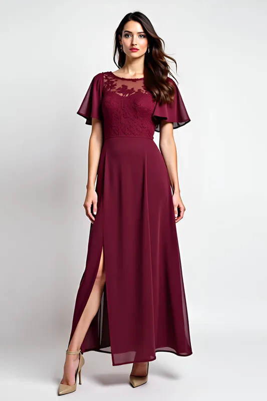 Burgundy Sheath Ruffle Sleeves Laced Chiffon Long Mother of the Bride Dress with Slit sold by Zapaka