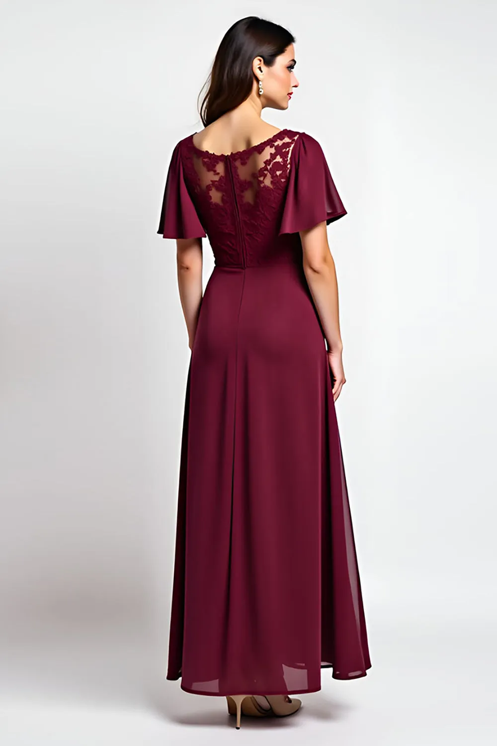 Burgundy Sheath Ruffle Sleeves Laced Chiffon Long Mother of the Bride Dress with Slit sold by Zapaka product image thumbnail 2