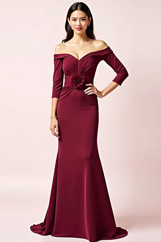 Burgundy Sheath Off the Shoulder 3/4 Sleeves Ruched Long Mother of the Bride Dress with 3D Flower sold by Zapaka