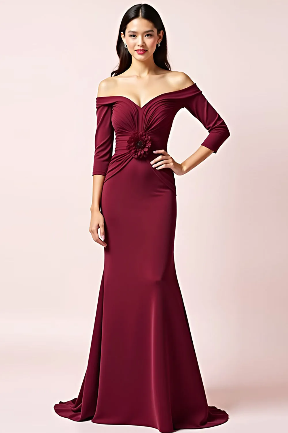 Burgundy Sheath Off the Shoulder 3/4 Sleeves Ruched Long Mother of the Bride Dress with 3D Flower sold by Zapaka