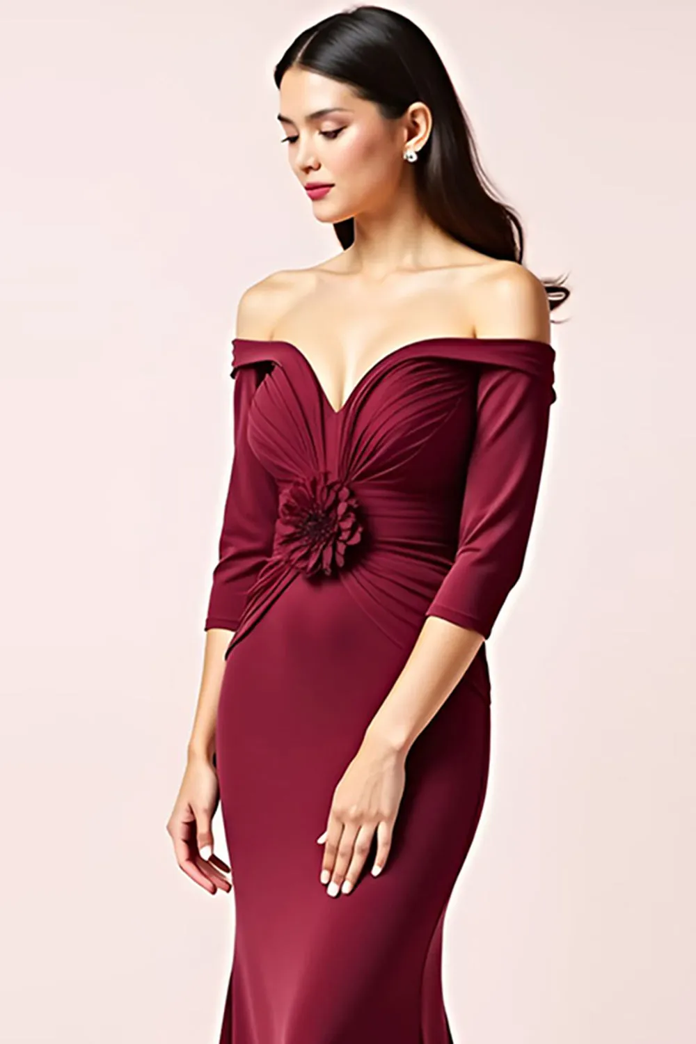 Burgundy Sheath Off the Shoulder 3/4 Sleeves Ruched Long Mother of the Bride Dress with 3D Flower sold by Zapaka product image thumbnail 5