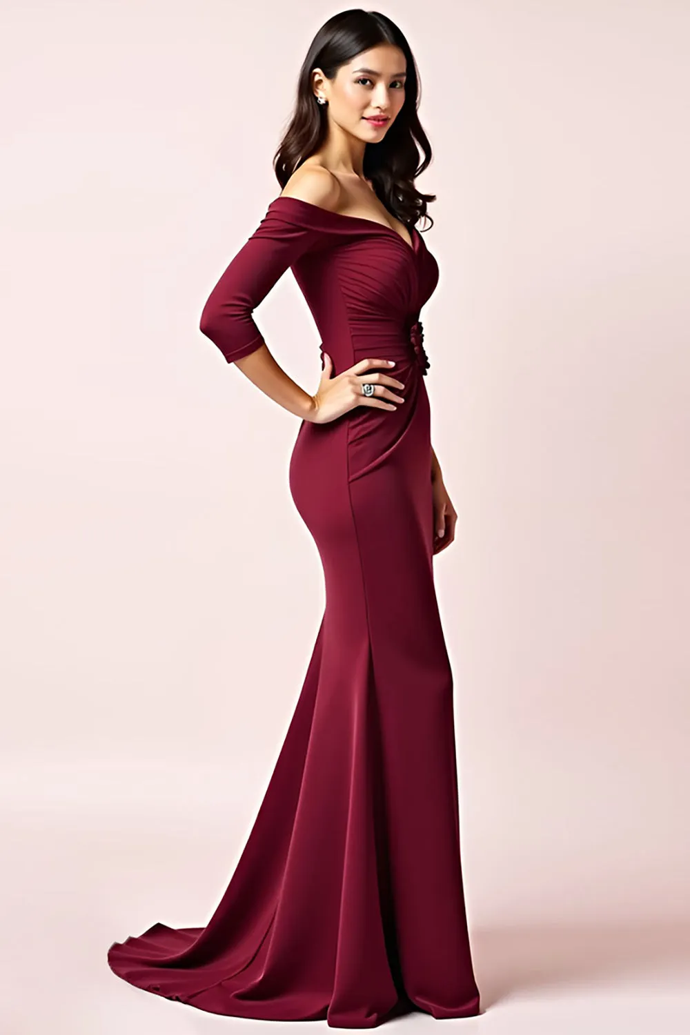 Burgundy Sheath Off the Shoulder 3/4 Sleeves Ruched Long Mother of the Bride Dress with 3D Flower sold by Zapaka product image thumbnail 2