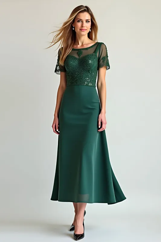 Pine Sheath Short Sleeves Tea Length Mother of the Bride Dress with Beading sold by Zapaka