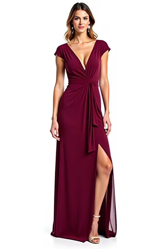 Burgundy Sheath V-Neck Cap Sleeves Ruched Long Mother of the Bride Dress with Slit sold by Zapaka