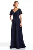 Navy Sheath V-Neck Short Sleeves Chiffon Long Mother of the Bride Dress sold by Zapaka