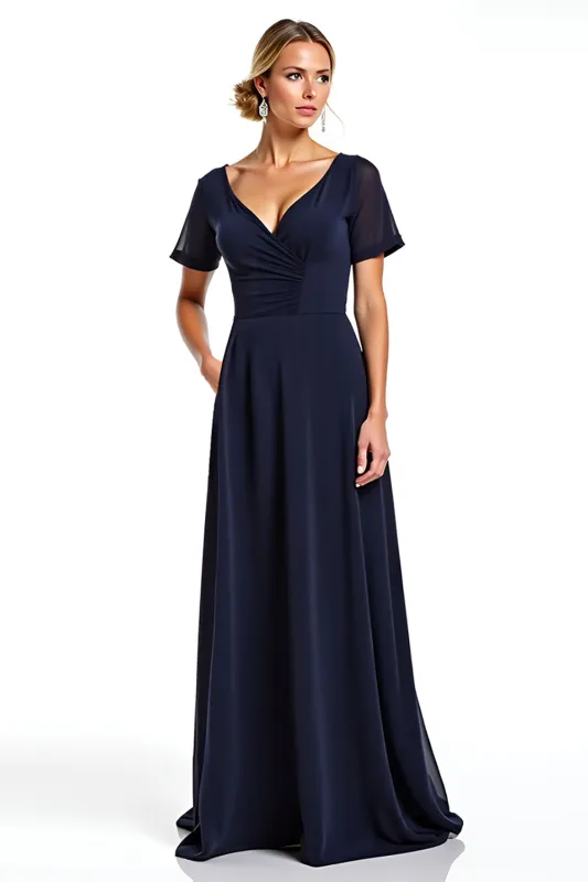 Navy Sheath V-Neck Short Sleeves Chiffon Long Mother of the Bride Dress sold by Zapaka