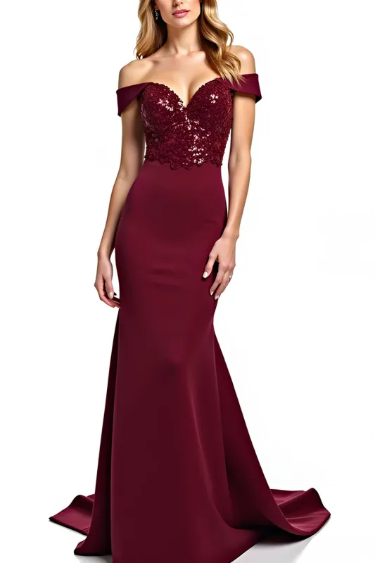 Sparkly Burgundy Sheath Off the Shoulder Long Mother of the Bride Dress with Sequins sold by Zapaka