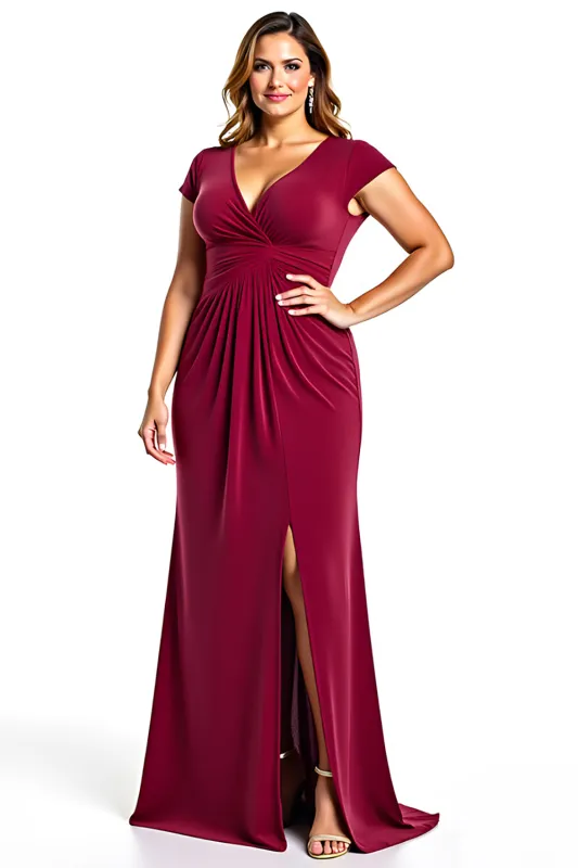 Burgundy V-Neck Sheath Mother of the Bride Dress sold by Zapaka