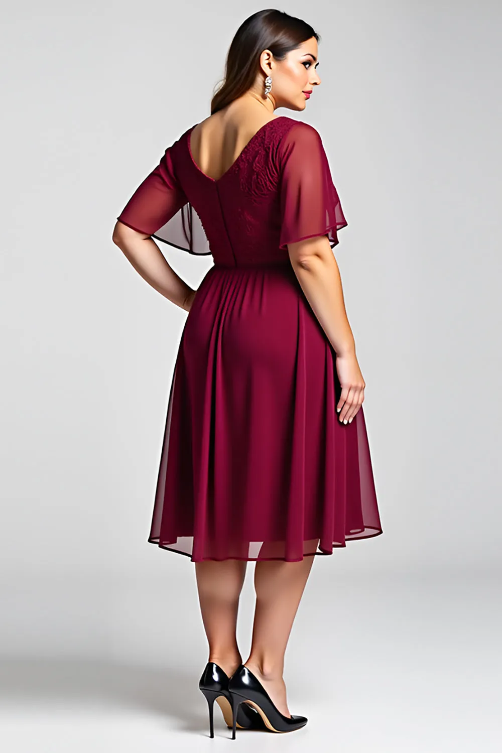 Burgundy A Line Lace Chiffon Midi Mother of the Bride Dress sold by Zapaka product image thumbnail 3