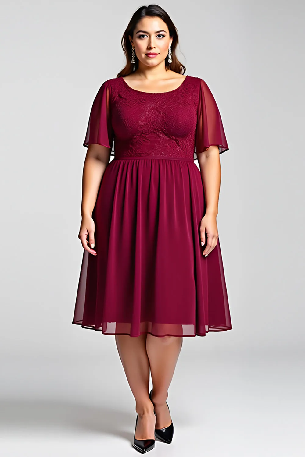 Burgundy A Line Lace Chiffon Midi Mother of the Bride Dress sold by Zapaka
