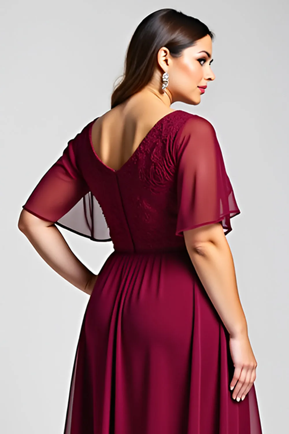 Burgundy A Line Lace Chiffon Midi Mother of the Bride Dress sold by Zapaka product image thumbnail 5