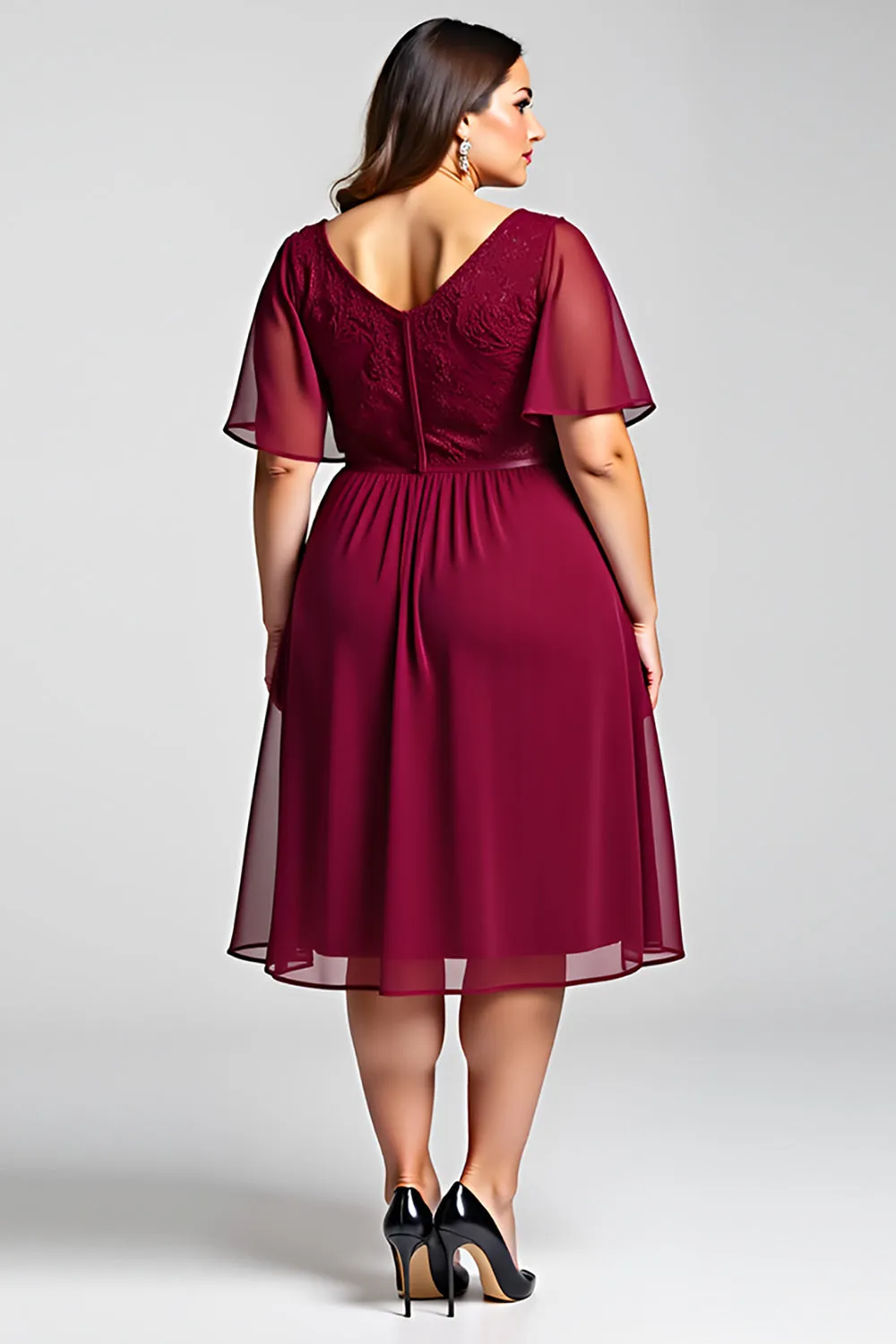 Burgundy A Line Lace Chiffon Midi Mother of the Bride Dress sold by Zapaka product image thumbnail 2