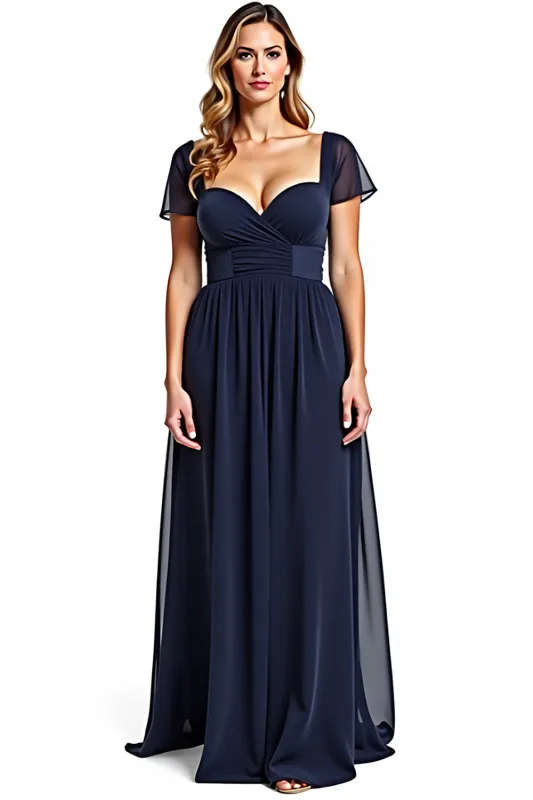 A Line Navy Chiffon Mother of the Bride Dress with Short Sleeves made by Zapaka