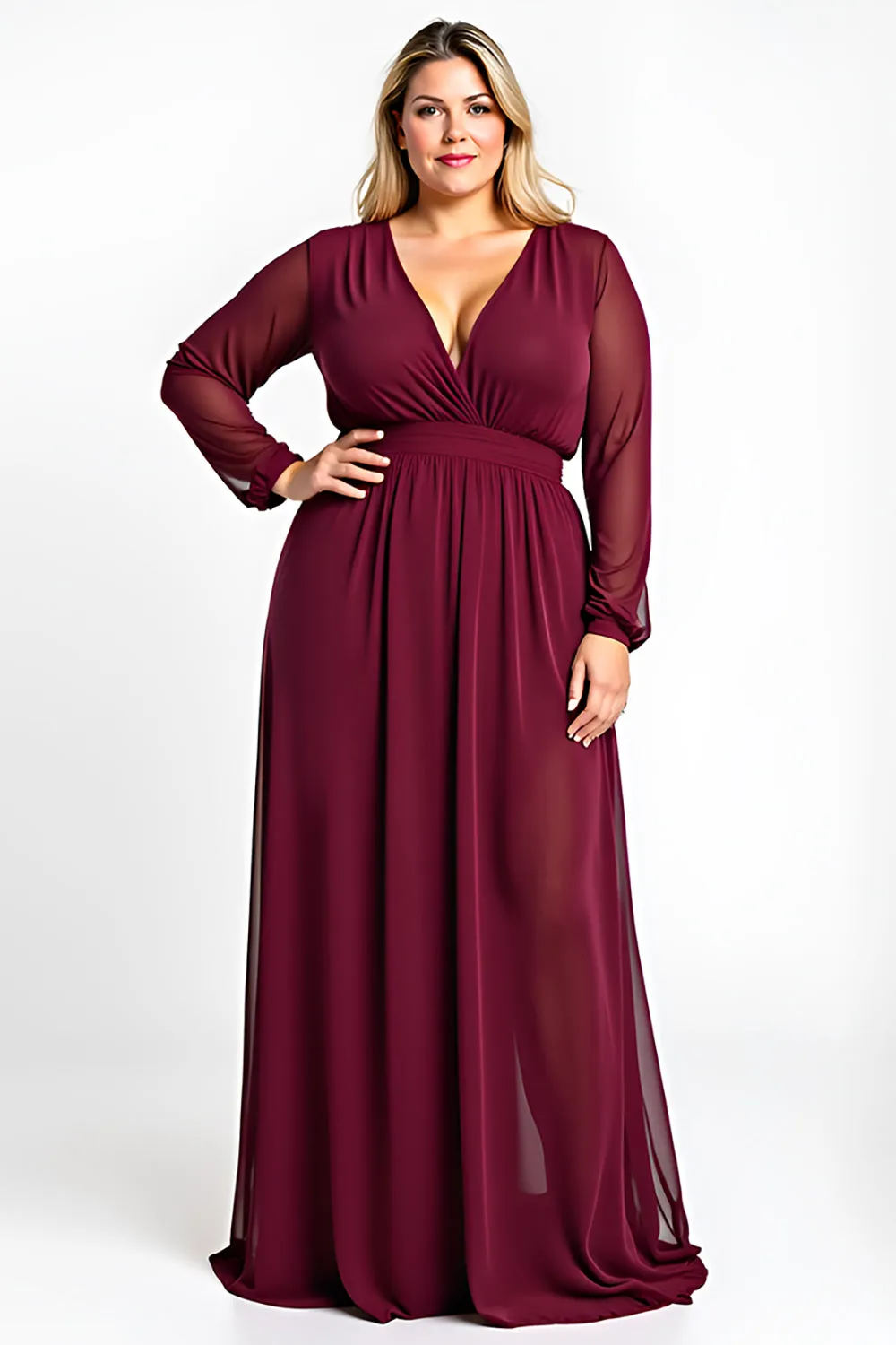 Burgundy A Line V-Neck Chiffon Mother of the Bride Dress sold by Zapaka