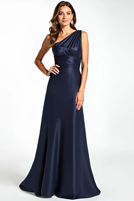Navy Sheath One Shoulder Pleated Satin Long Mother of the Bride Dress sold by Zapaka
