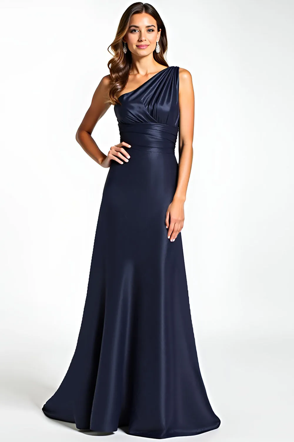 Navy Sheath One Shoulder Pleated Satin Long Mother of the Bride Dress sold by Zapaka