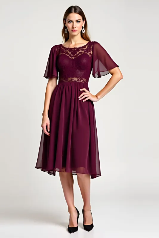 Cabernet A-Line Scoop Ruffle Sleeves Chiffon Knee Length Mother of the Bride Dress with Lace sold by Zapaka