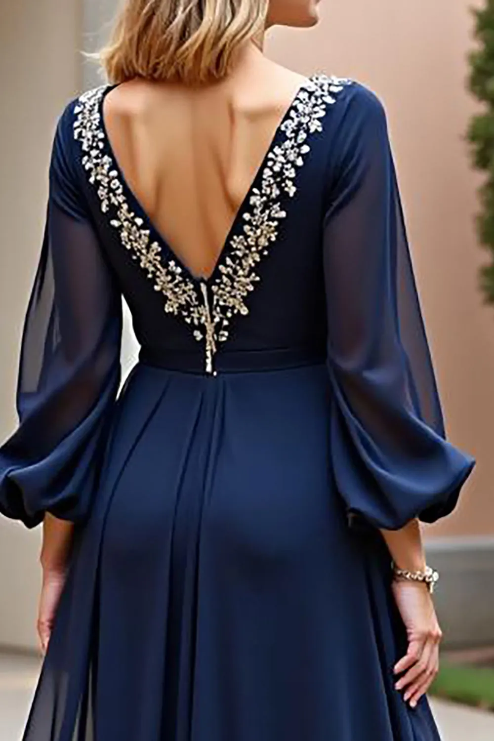A Line Navy V-Neck Chiffon Mother of the Bride Dress with Long Sleeves sold by Zapaka product image thumbnail 4