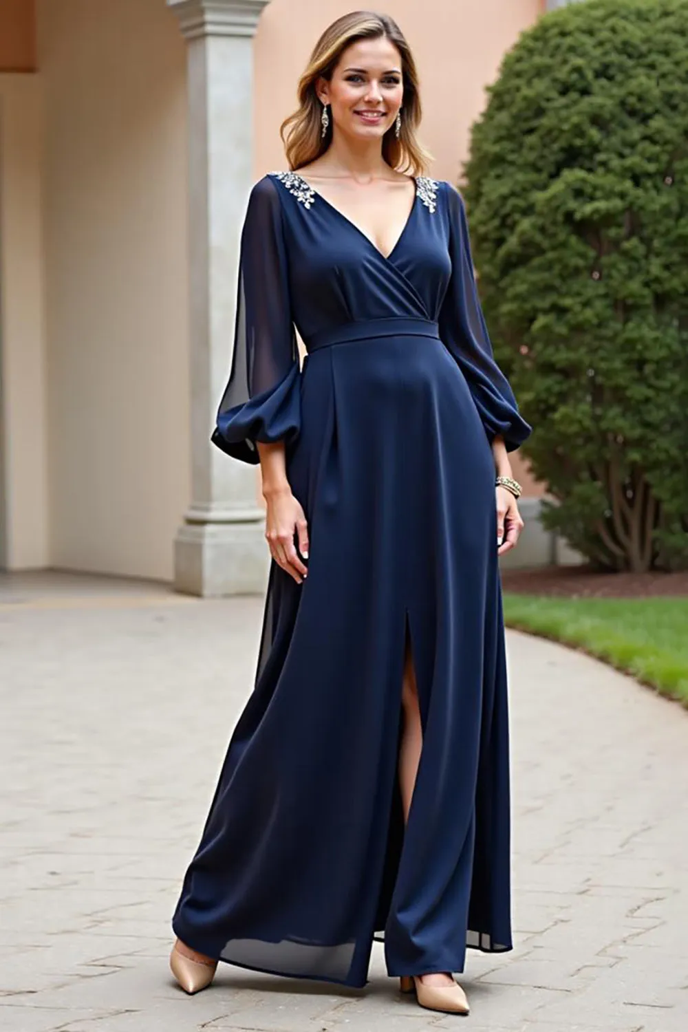 A Line Navy V-Neck Chiffon Mother of the Bride Dress with Long Sleeves sold by Zapaka