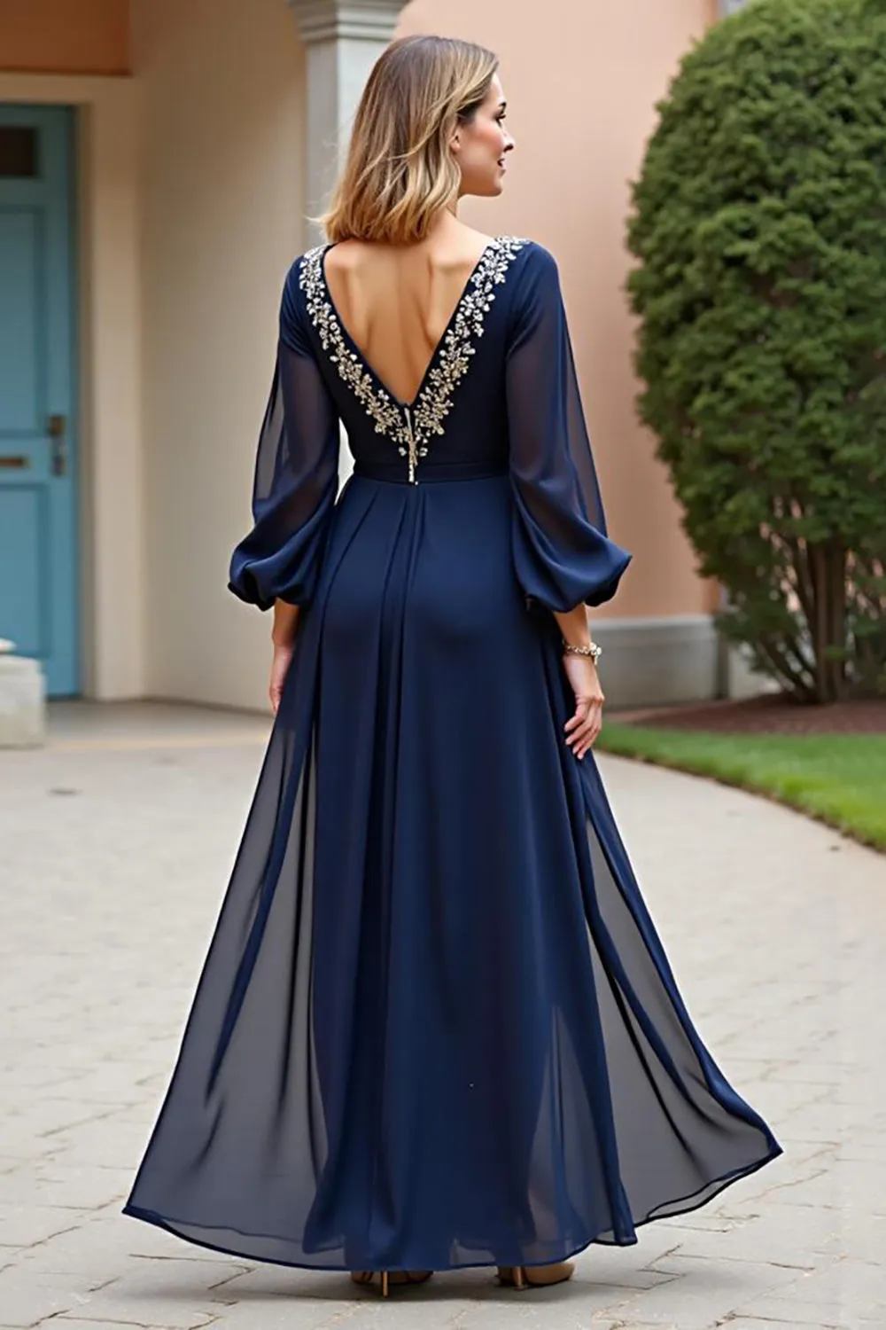 A Line Navy V-Neck Chiffon Mother of the Bride Dress with Long Sleeves sold by Zapaka product image thumbnail 2