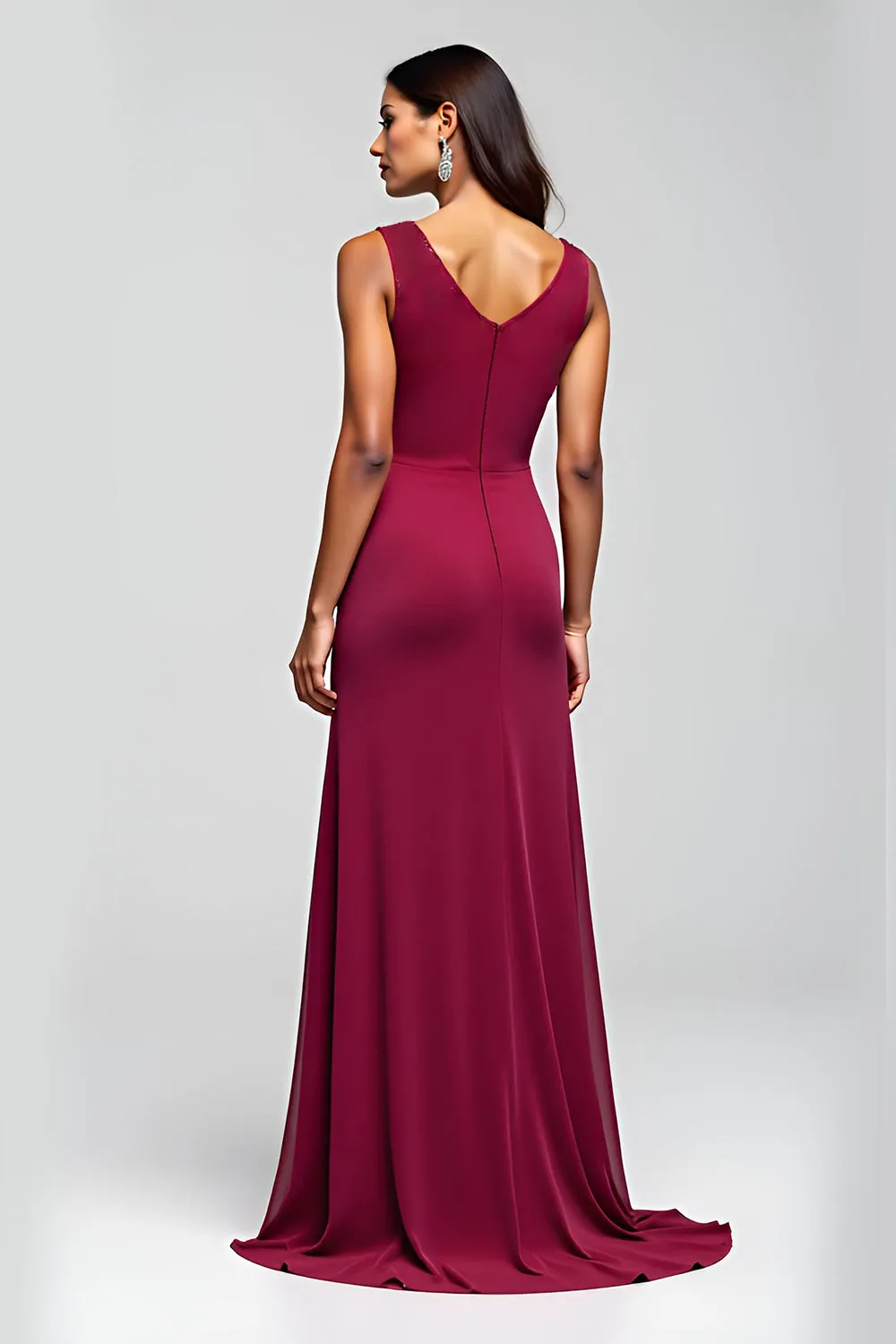 Burgundy Mermaid Scoop Sleeveless Long Mother of the Bride Dress with Sequins sold by Zapaka product image thumbnail 2
