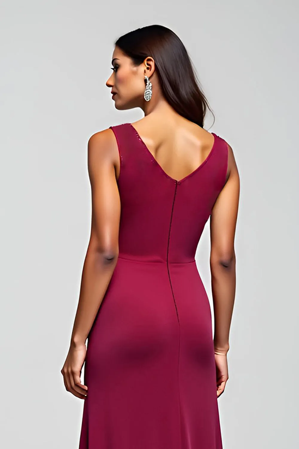 Burgundy Mermaid Scoop Sleeveless Long Mother of the Bride Dress with Sequins sold by Zapaka product image thumbnail 4