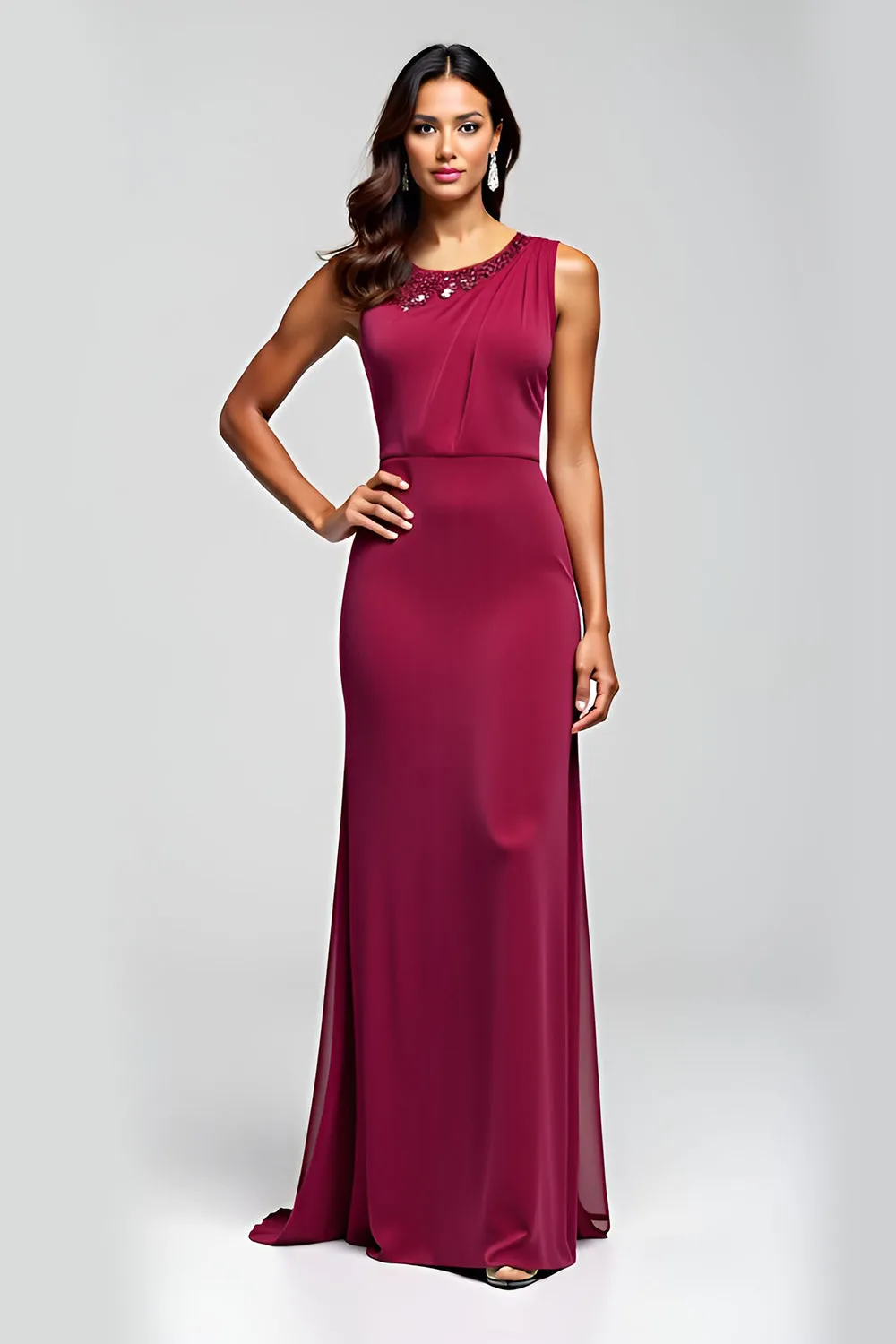 Burgundy Mermaid Scoop Sleeveless Long Mother of the Bride Dress with Sequins sold by Zapaka