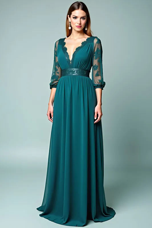 Peacock A-Line V-Neck Long Sleeves Long Formal Dress with Lace sold by Zapaka