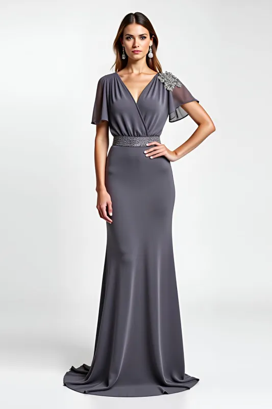 Steel Grey Sheath Wrap Short Sleeves Long Mother of the Bride Dress with Beading sold by Zapaka