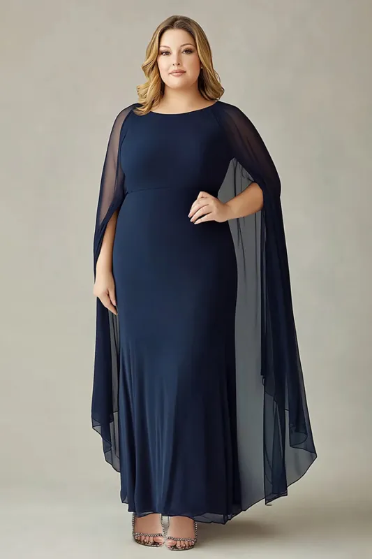 Navy Chiffon Plus Size Mother of the Bride Dress with Cape sold by Zapaka