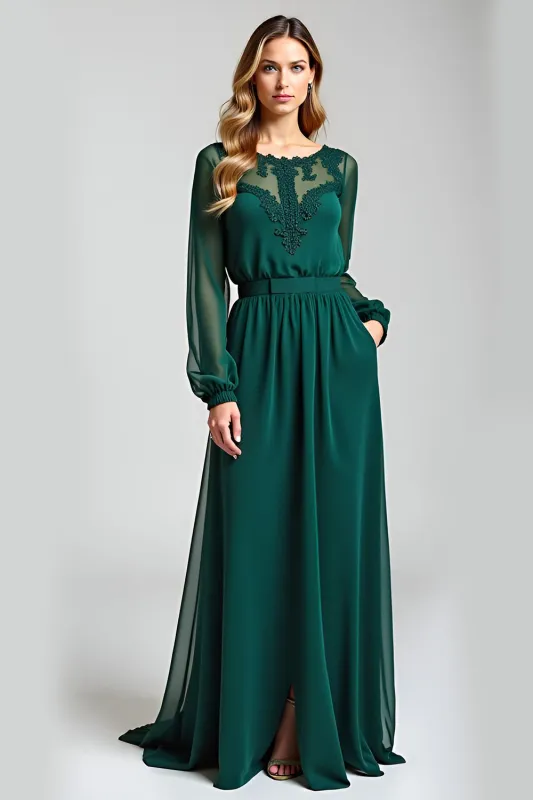 Pine A-Line Scoop Chiffon Long Sleeves Mother of the Bride Dress with Lace sold by Zapaka