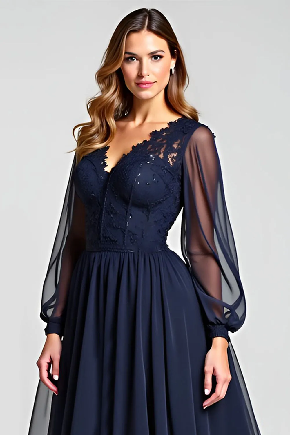 Navy A-Line V-Neck Long Sleeves Chiffon Mother of the Bride Dress with Lace sold by Zapaka product image thumbnail 4