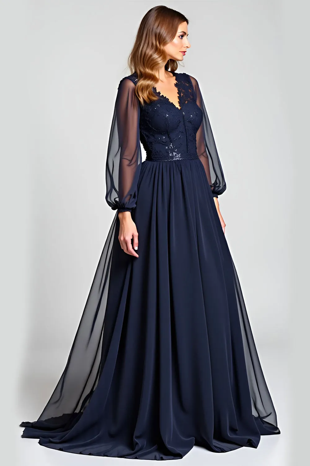 Navy A-Line V-Neck Long Sleeves Chiffon Mother of the Bride Dress with Lace sold by Zapaka