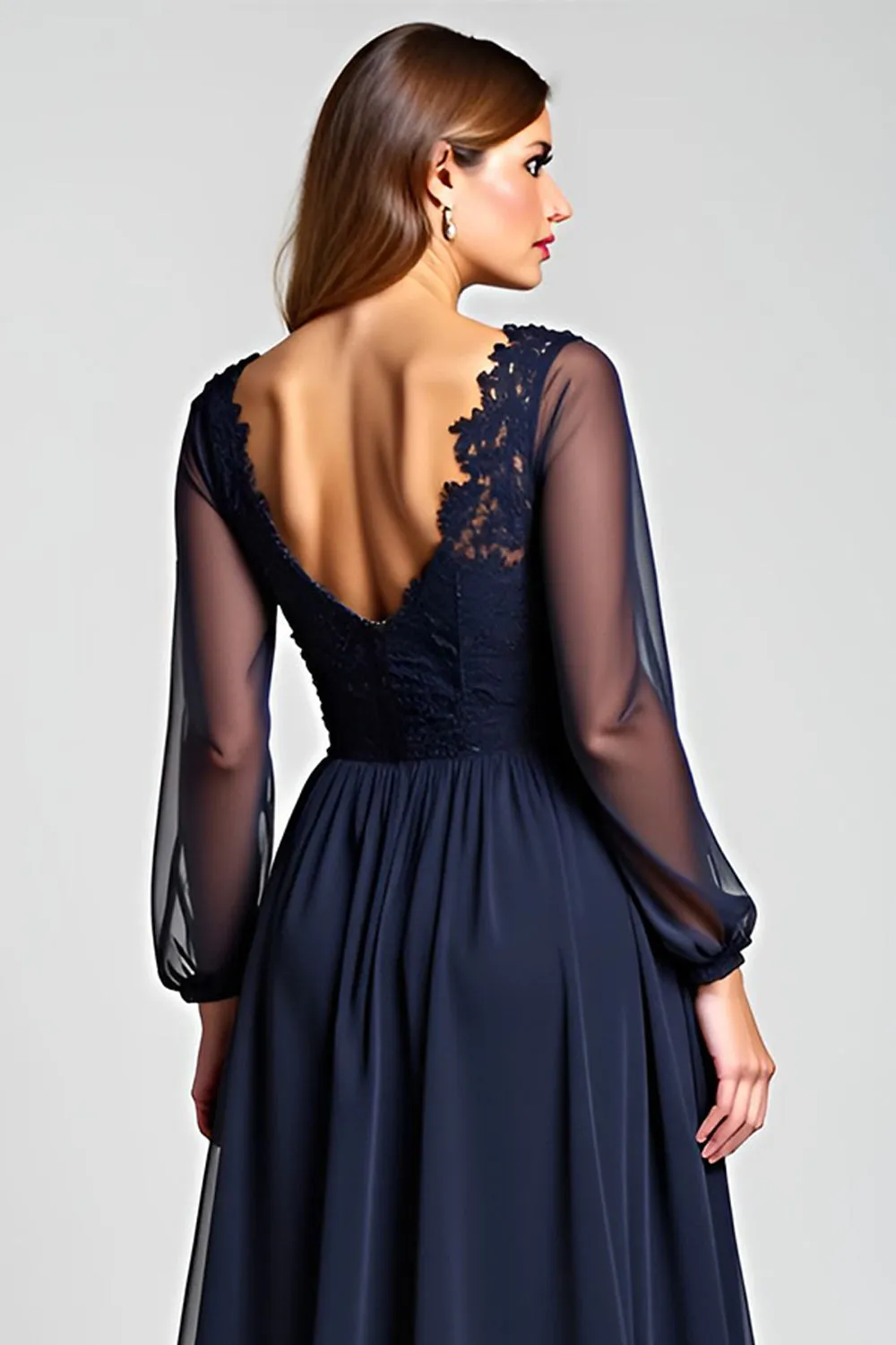 Navy A-Line V-Neck Long Sleeves Chiffon Mother of the Bride Dress with Lace sold by Zapaka product image thumbnail 5